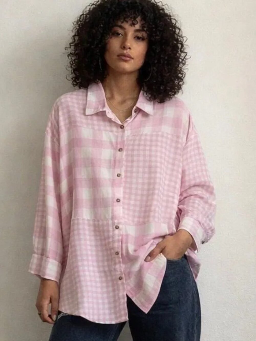 NWT: Lush Pink Plaid Long Sleeve Oversized Blouse Sizes: Small and Large